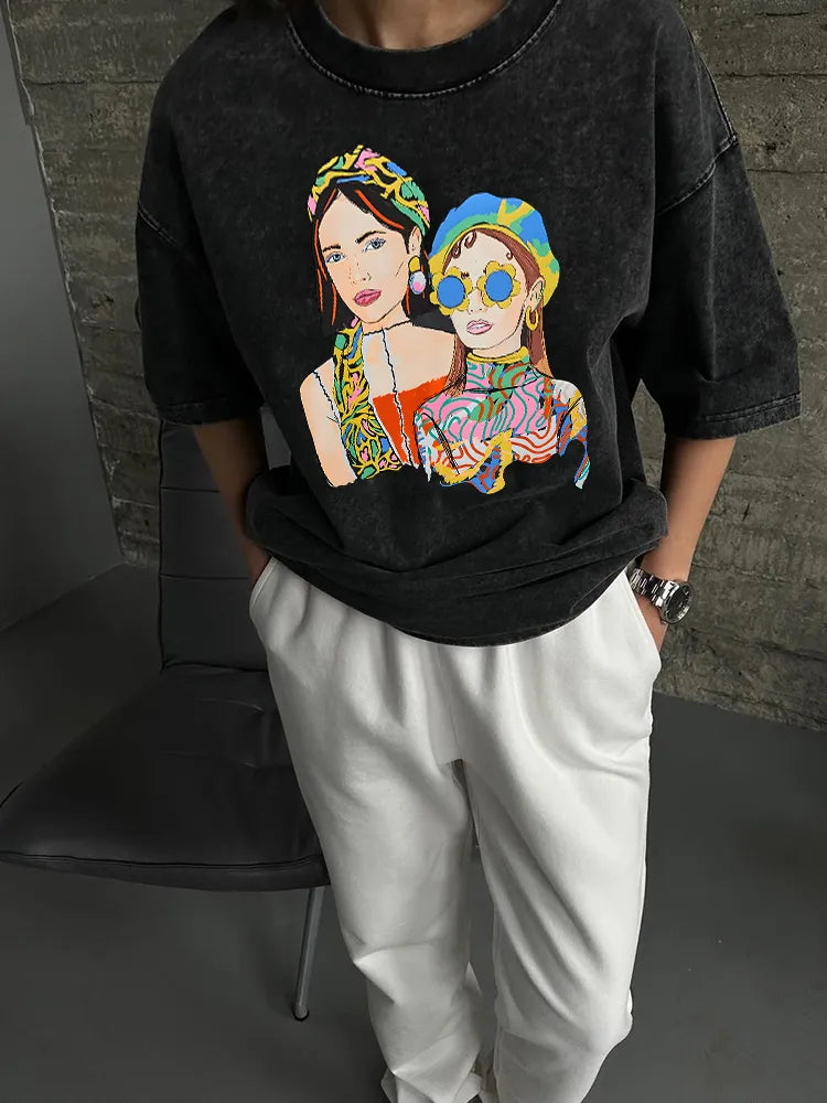 Damen Sommer Top Los Angeles T-Shirt Rundhals Streetwear lockeres Damentop