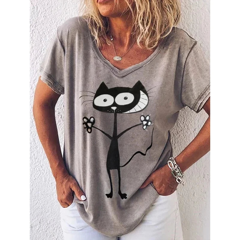 Damen Sommer Top Katzen T-Shirt Rundhals Streetwear Bluse Damentop Mädchen