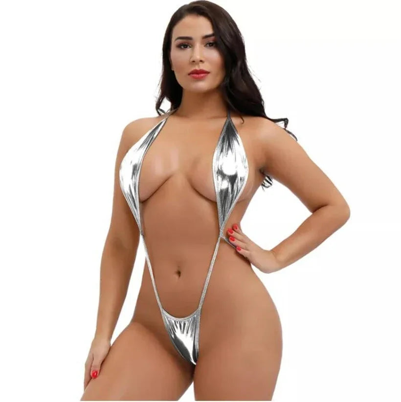 Exotische glänzende Teddies für Damen, Neckholder, Schnürung, tiefes V, rückenfrei, Dessous-Anzug, Mikro-Tanga-Bikini-Set, einteiliger Badeanzug, sexy Strandmode