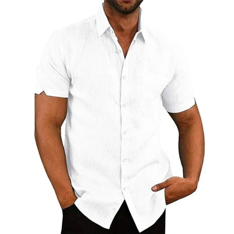 Herren Poloshirt Leinenhemd Kurzarm T-Shirt Leinen Hemd Polohemd Freizeithemd