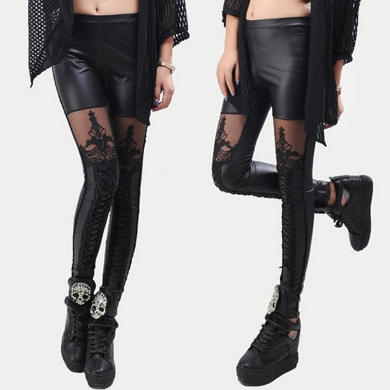 Damen Fashion Leggings Sexy Push Up Leggins Hose PU Lederhose Gothic Punk