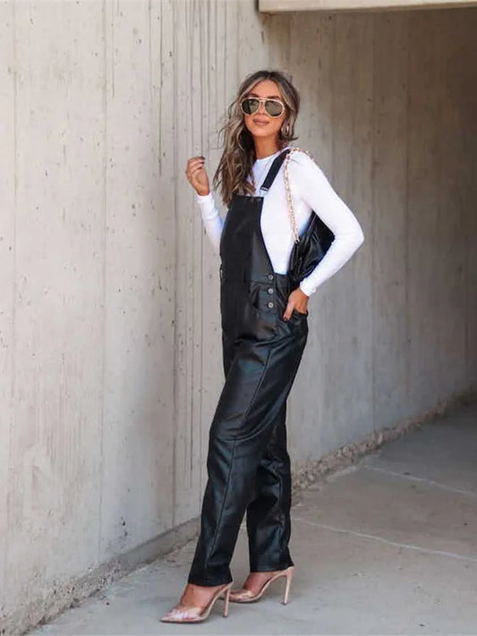 Damen Fashion Hose Latzhose Schlaghose PU Lederhose Flare Trägerhose Overall