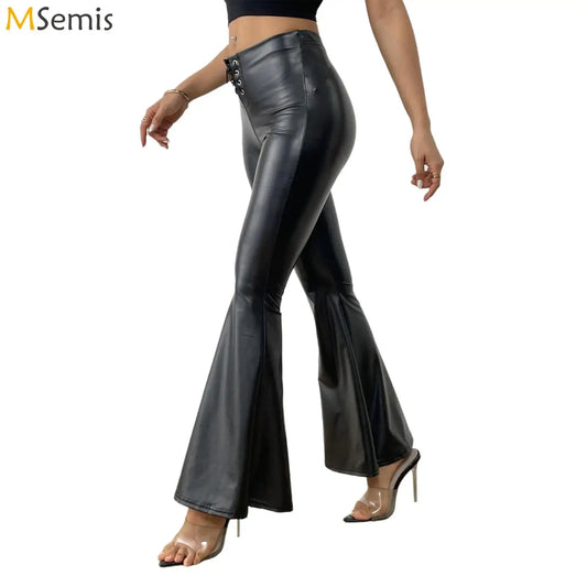 Sexy Damen Fashion Hose Gothic Punk glänzende PU Lederhose Schlaghose Latex