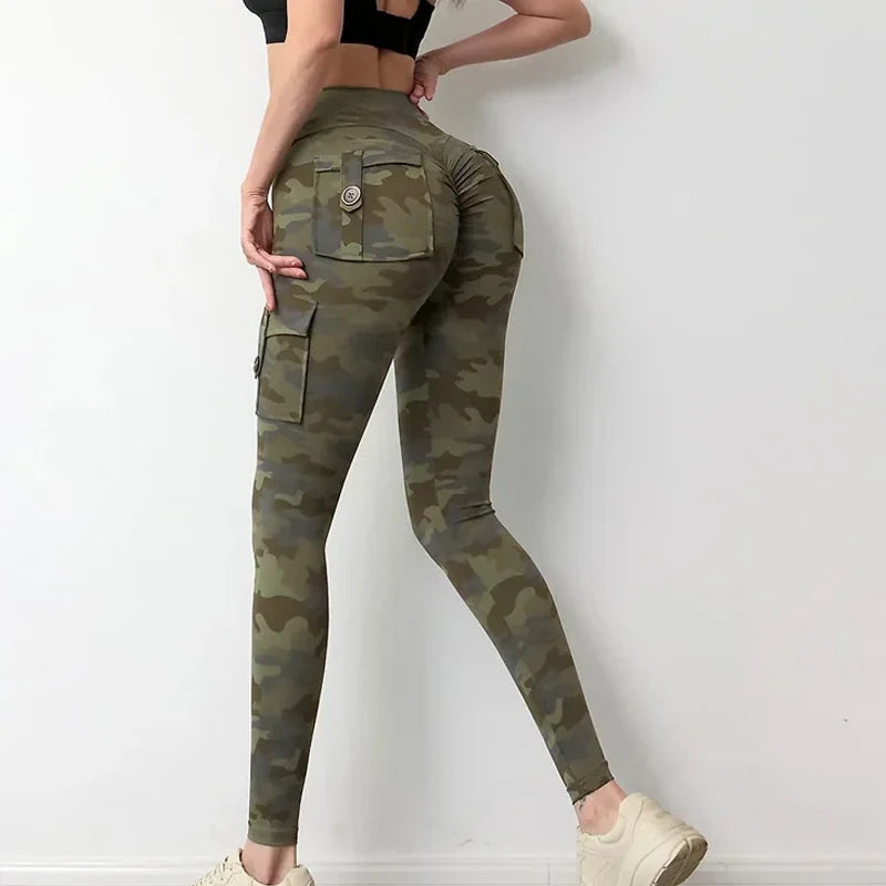 Damen Fashion Leggings Push Up Leggins Camouflage Yoga Hose Cargo Sexy Gym Wear