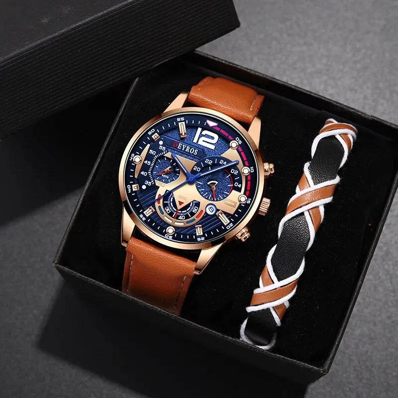 Stilvolle Herren Armbanduhr mit Kunstleder Armband Set Luxus Quarz Uhr