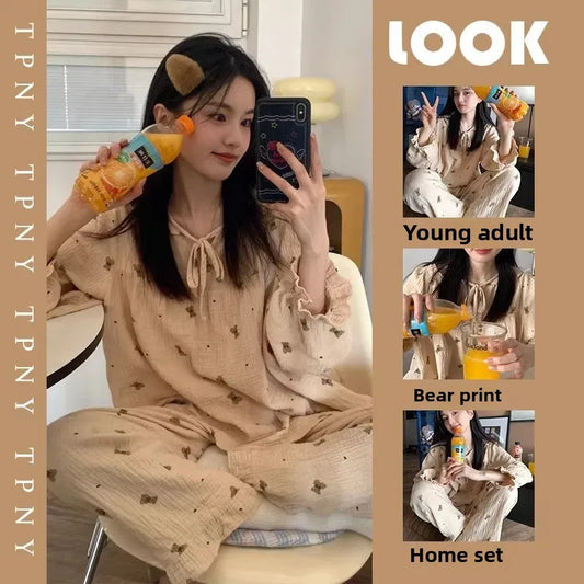 Women's Long Sleeve Sleepwear Bear Polka Dot Home Clothes Autumn Winter New Style Comfortable Nightgown Pants Set