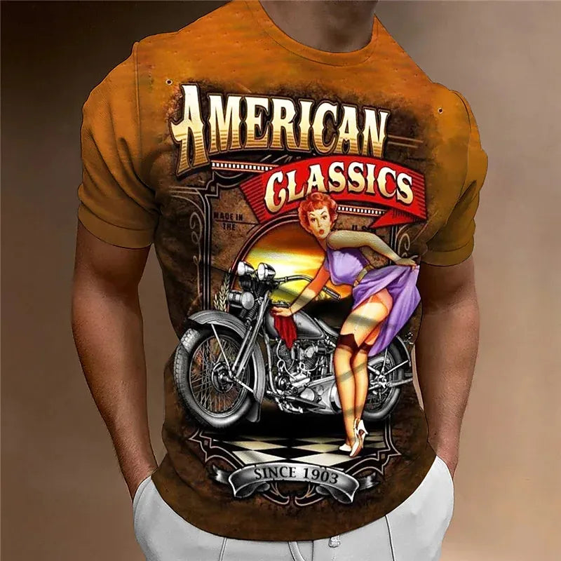 Herren Fashion Vintage 3D T-Shirt Rundhals Unisex Sommer Streetwear Motorsport
