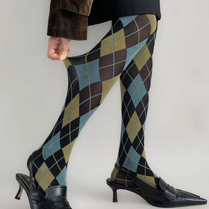 Damen Strumpfhose Karo Strümpfe Oberschenkelhoch Retro JK Style Sexy Dessous
