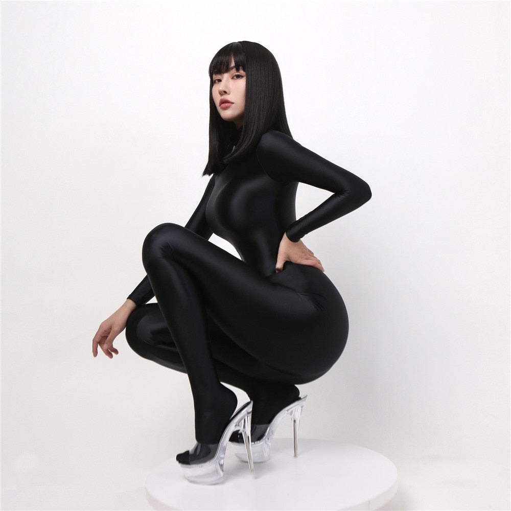 Sexy Damen Glänzender Metallischer Overall Bodysuit Catsuit Clubwear Fetisch