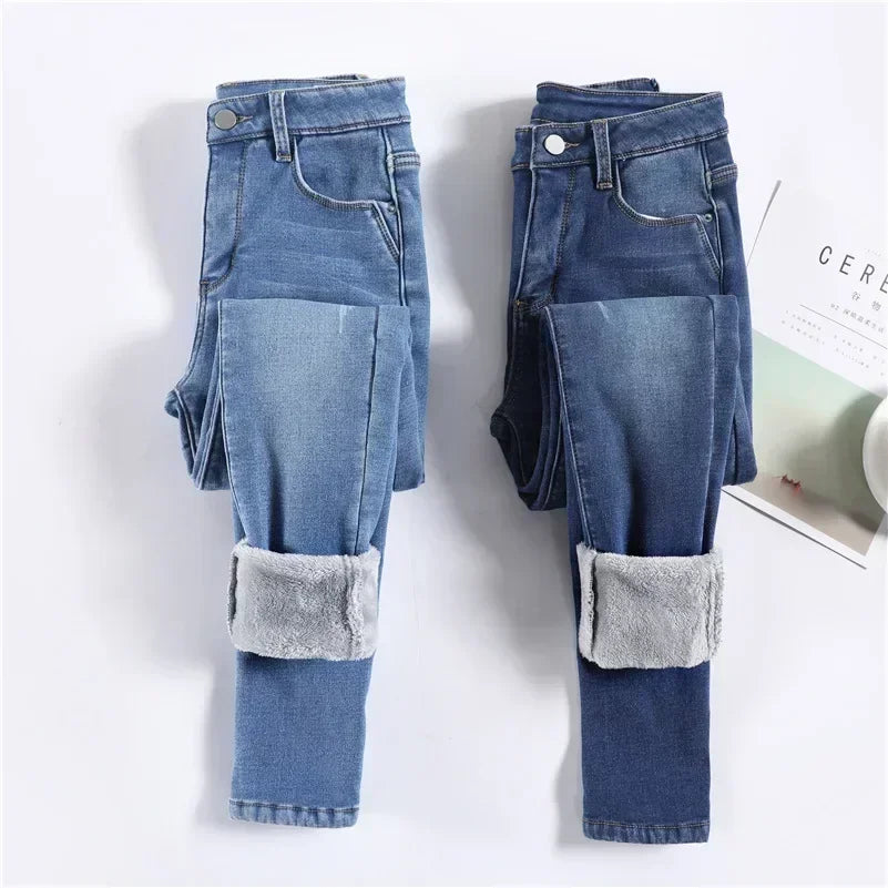 Damen Winter Warm Thermo Jeans Hose Innenfleece Stretch Hosen Leggins Denim