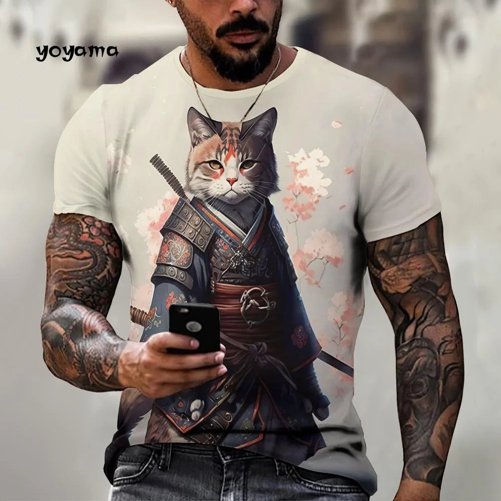 Japanische Samurai Katze Muster männer T-Shirt 3D Spaß Druck Kurzarm Sommer T-Shirt Harajuku Tops männer Straße Casual kleidung