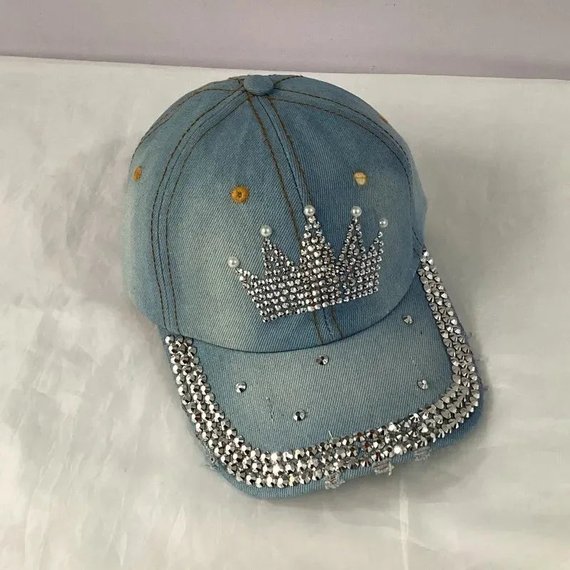 Jeans Basecap Cappy Denim Look Cap Kappe LOVE Strass gebogen Herren Damen