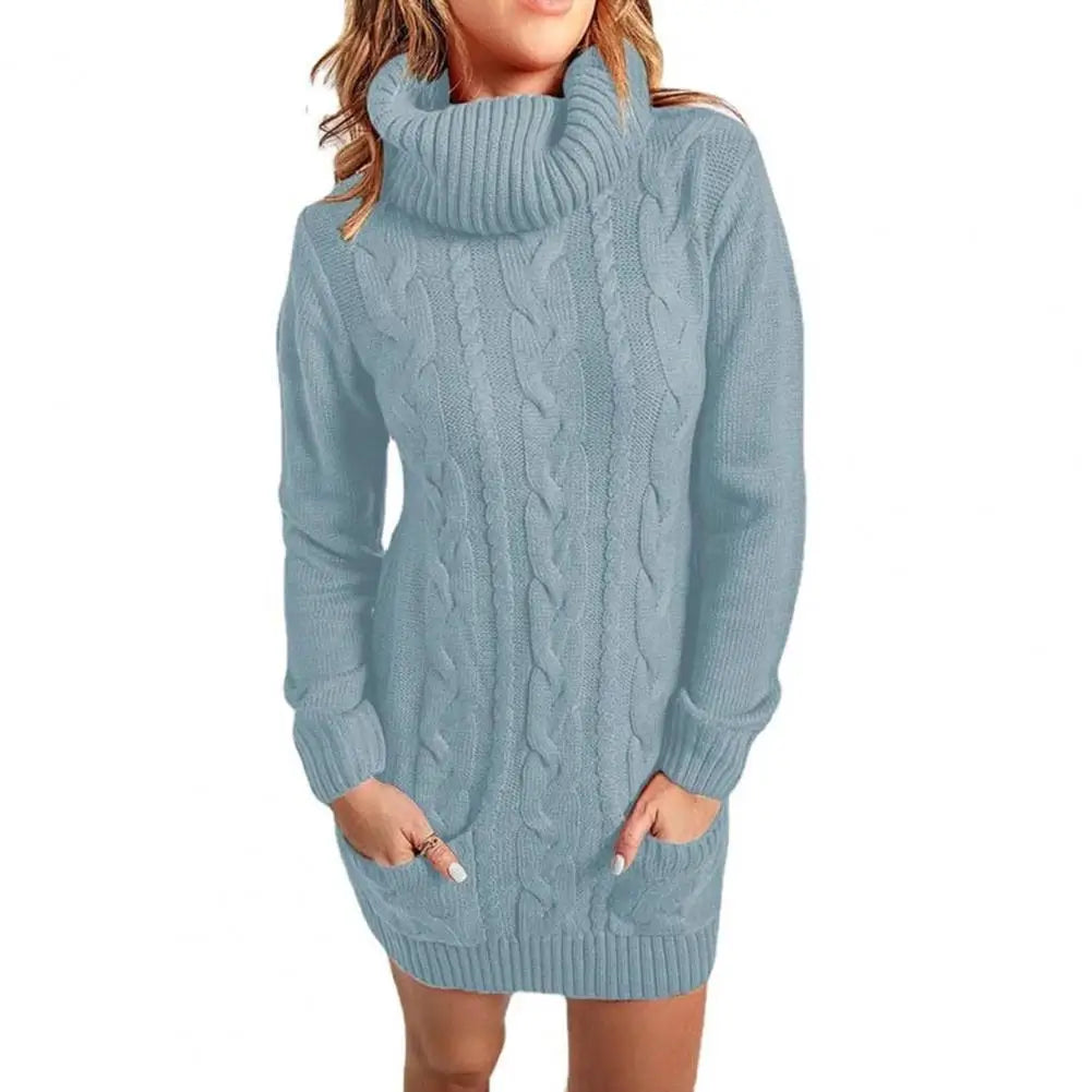 Damen Wollkleid Rollkragen Herbstkleid Winterkleid Strickkleid Longpullover