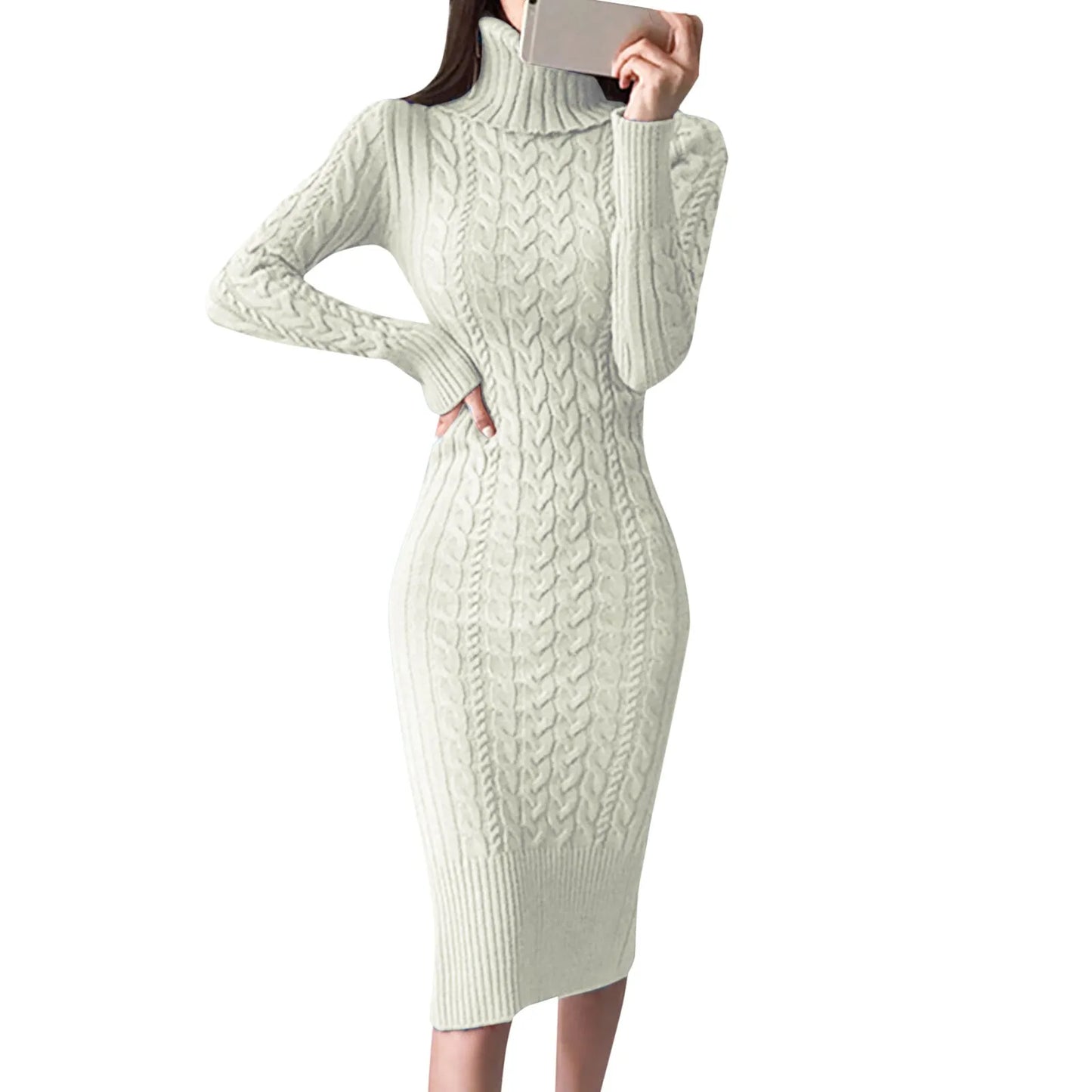 Damen Wollkleid Rollkragen Stiefelkleid Herbstkleid Winterkleid Strickkleid Long