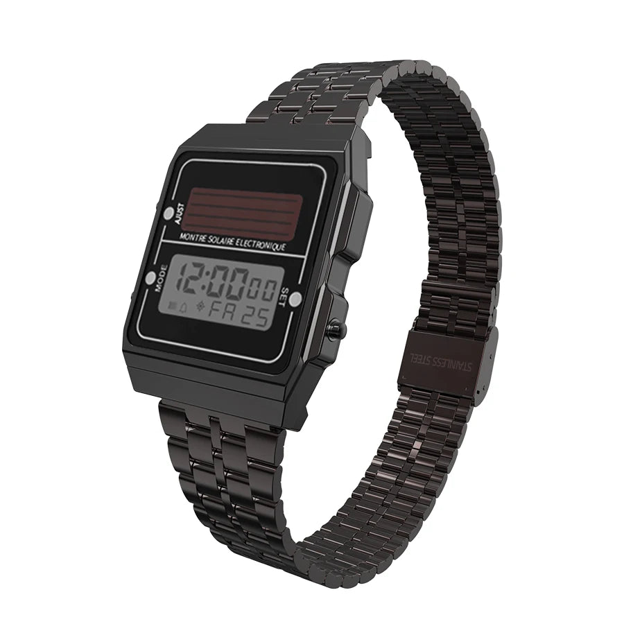 Solar Herren Digitaluhr Retro Chronograph Edelstahlarmband Wasserdicht Multifunktionale Sport Elektronische Uhren