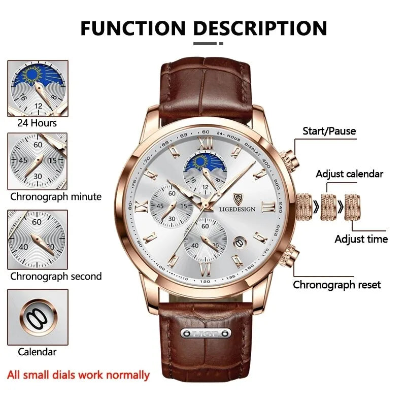 Herren Armbanduhr Silber Schwarz Edelstahl Quarzuhr Luxus Chronograph Business