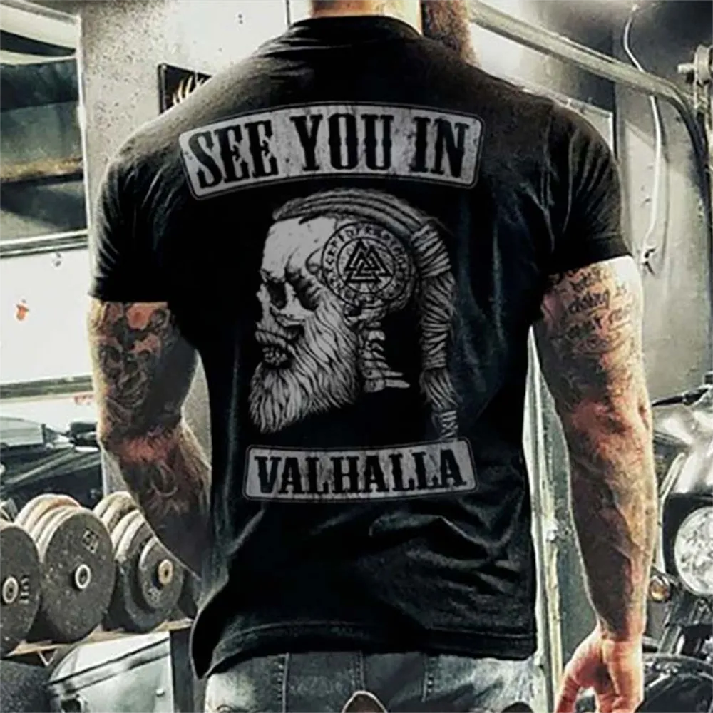 Herren Gym Fitness Vikings Tattoo 3D T-Shirt Rundhals Unisex Streetwear