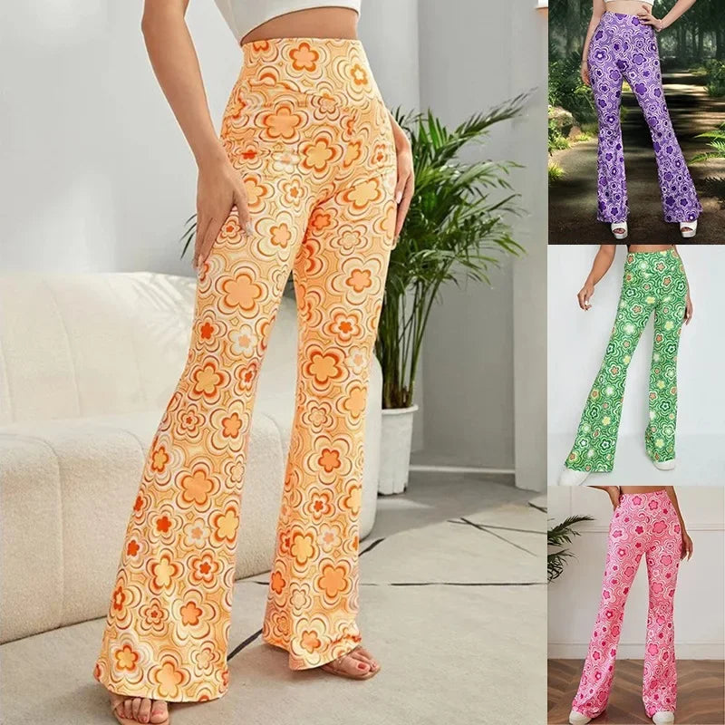 Damen Yoga Hose Bootcut Hüftjeans Schlaghose Flared Leggins Flower Power Retro
