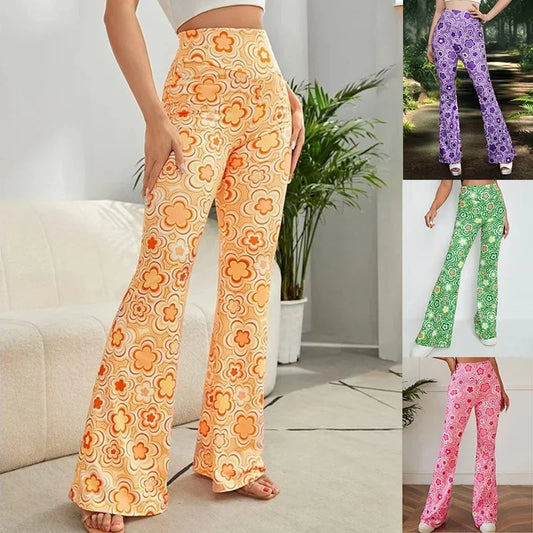 Damen Yoga Hose Bootcut Hüftjeans Schlaghose Flared Leggins Flower Power Retro