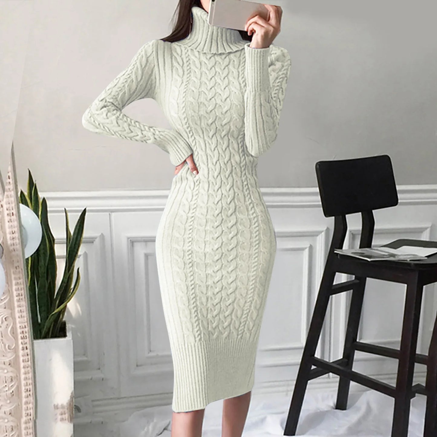 Damen Wollkleid Rollkragen Stiefelkleid Herbstkleid Winterkleid Strickkleid Long