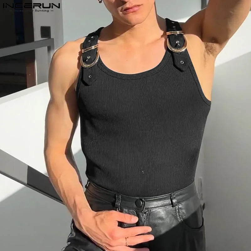 INCERUN Tops Amerikanischen Stil, Mode, Neue Männer Dekonstruktion Design Metall Schnalle Mesh Westen Casual Streetwear Männlich Solide Tank Tops
