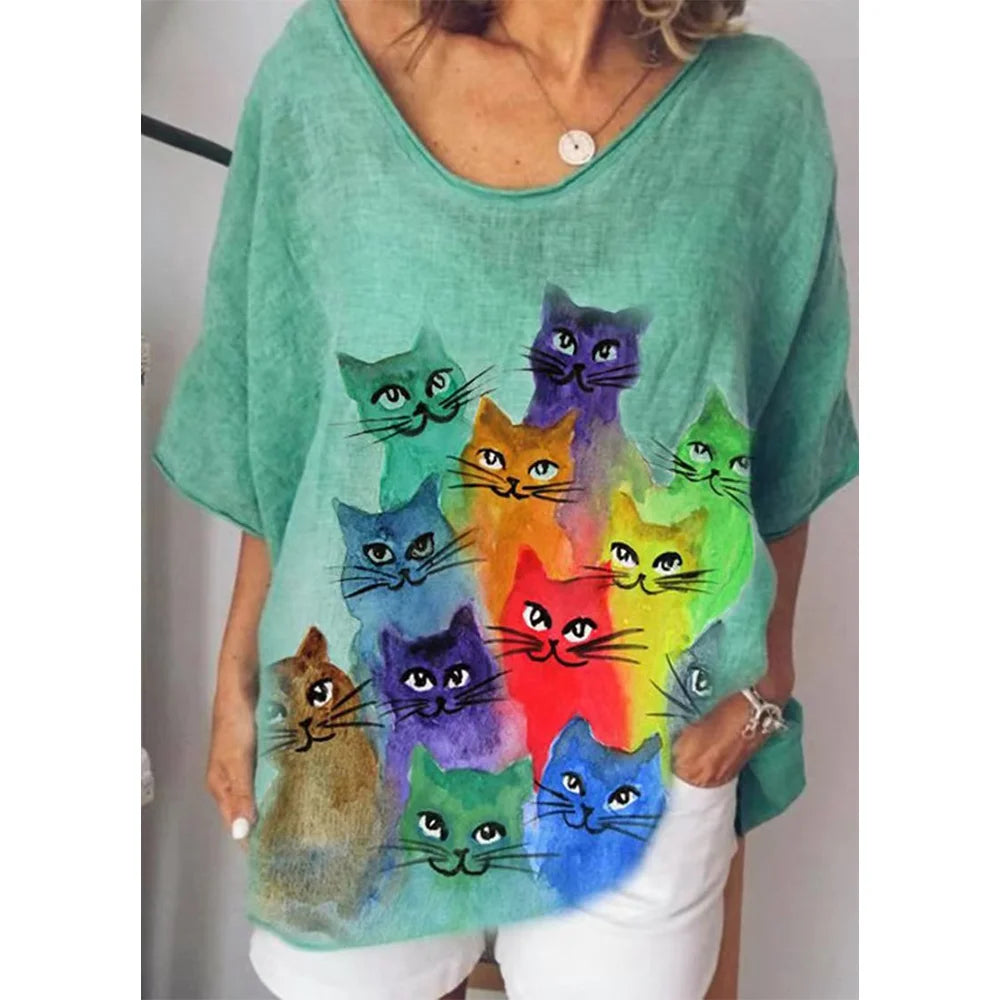 Damen Sommer Top 3D Katzen T-Shirt Rundhals Streetwear lockeres Damentop Bluse