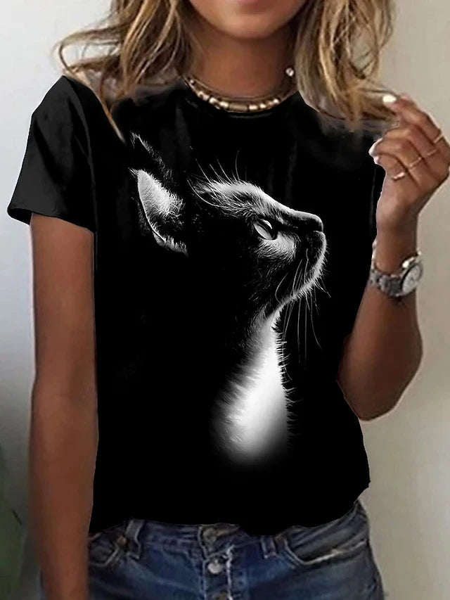 Damen T-Shirt Sommer Top Katzen Hemd Rundhals Streetwear lockeres Damentop