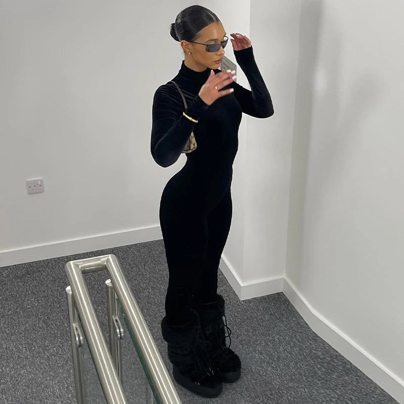 Dulzura Herbst Samt Sexy Y2K Kleidung Lange Hülse O-ansatz Bodycon Dünne Zipper Overall Frauen Sportliche Streetwear Strampler Outfits