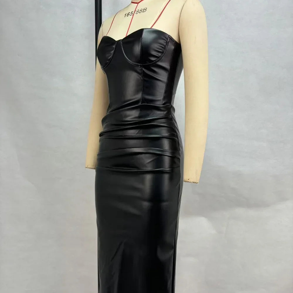 Frauen PU Leder Kleid rückenfreies Partykleid Trägerlos Abendkleid Cocktailkleid