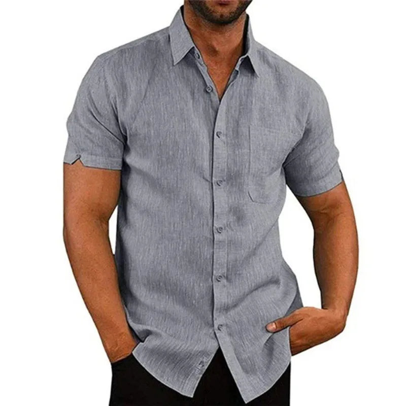 Herren Poloshirt Leinenhemd Kurzarm T-Shirt Leinen Hemd Polohemd Freizeithemd