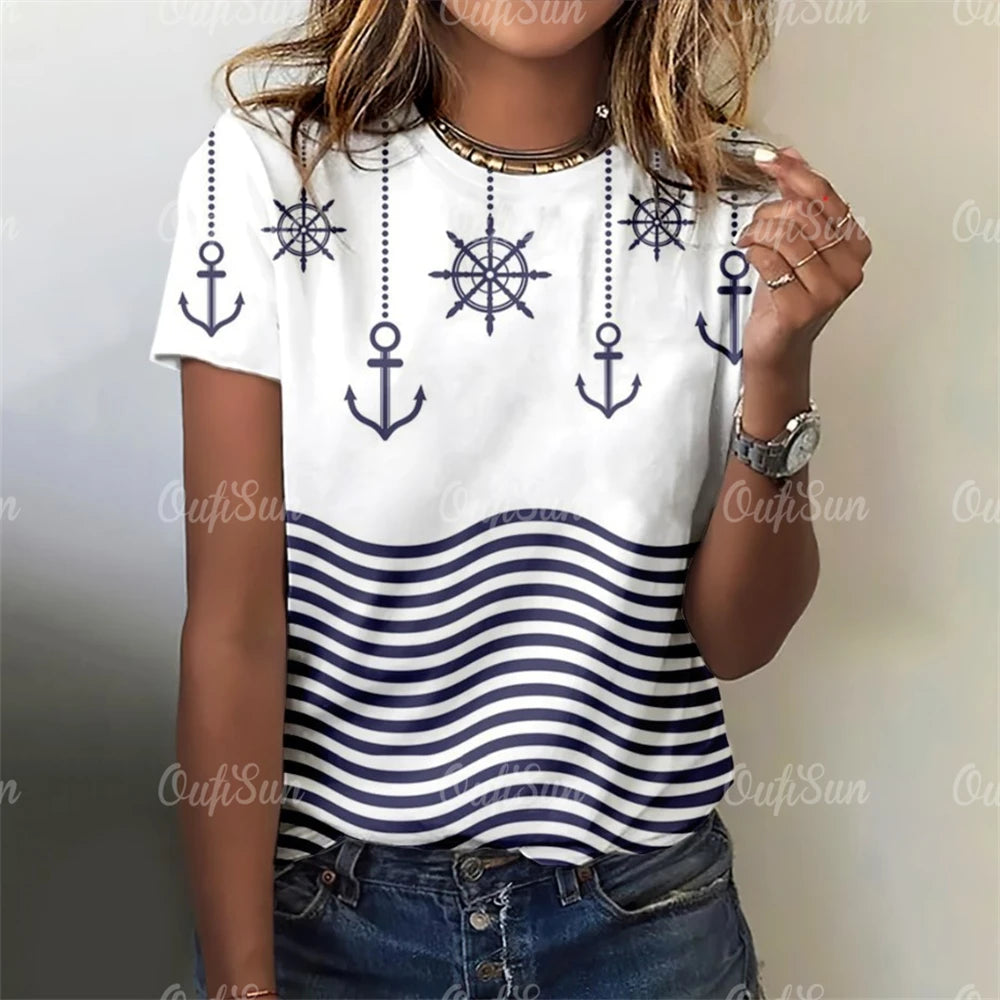 Damen Sommer Top Anker T-Shirt Rundhals Streetwear lockeres Damentop Anker-Motiv