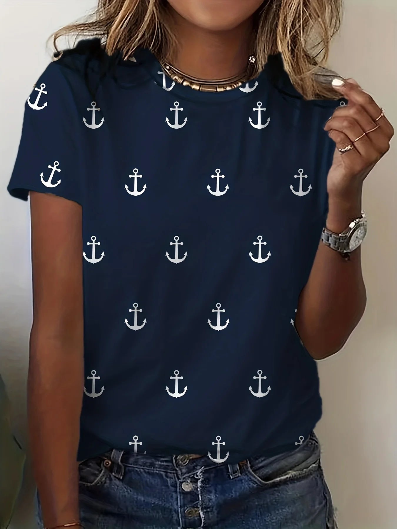 Damen Sommer Top Anker T-Shirt Rundhals Streetwear lockeres Damentop Anker-Motiv