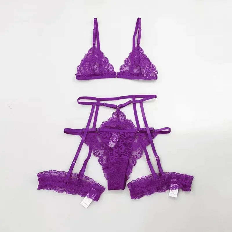 3 Stk BH Set Damen Sexy Spitze Dessous Bodysuit Body Unterwäsche Schwarz Tanga
