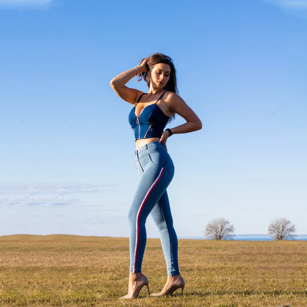 Damen Leggins Denim Look Leggings Sexy Push Up Jeans Hose Jeanshose Stretchhose