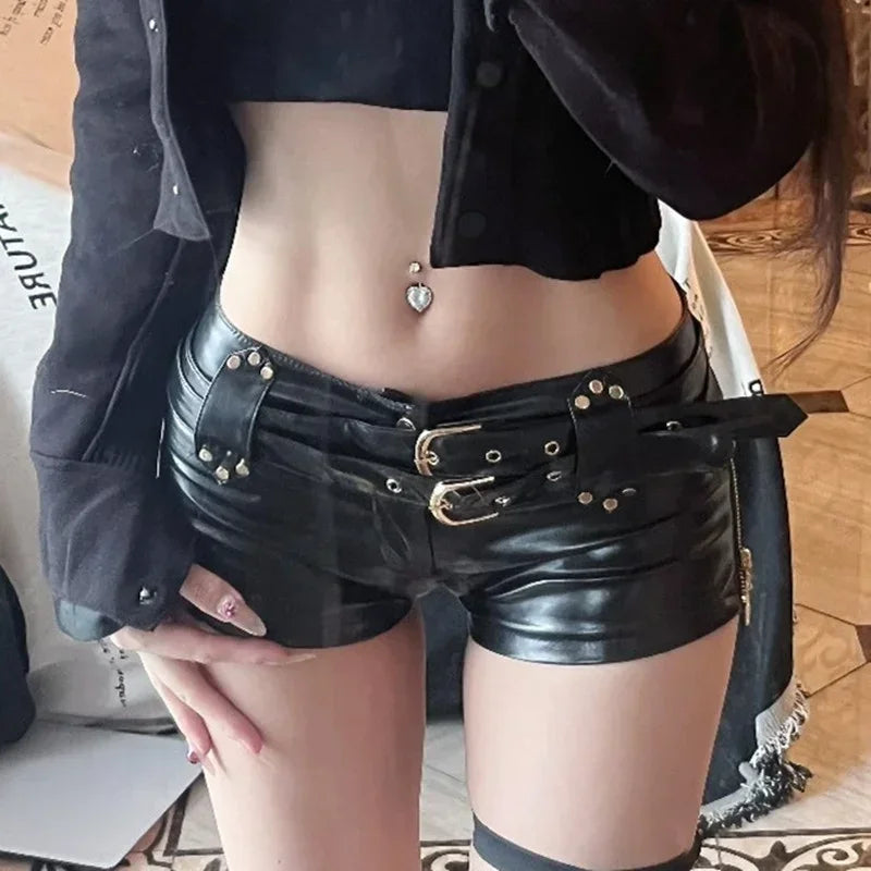 Damen Bermuda Shorts Hotpants Kurze Hose PU Leder Hohe Taille Pants Clubwear