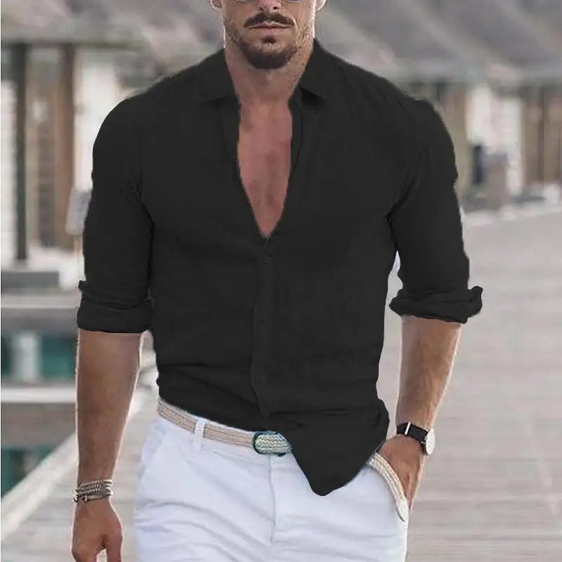 Herren Hemd Poloshirt Leinenhemd Langarm T-Shirt Leinen Polohemd Freizeithemd