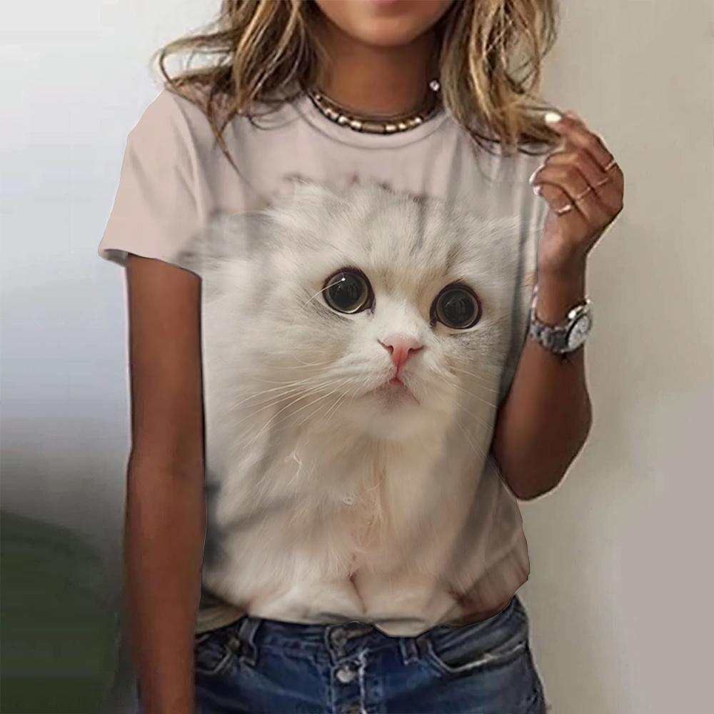 Damen Sommer Top 3D Katzen T-Shirt Rundhals Streetwear lockeres Damentop