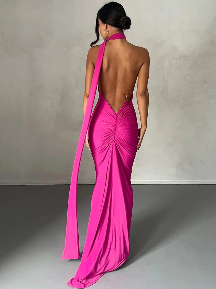 Frauen Kleid rückenfreies Partykleid Langeskleid Maxikleid Träger Abendkleid