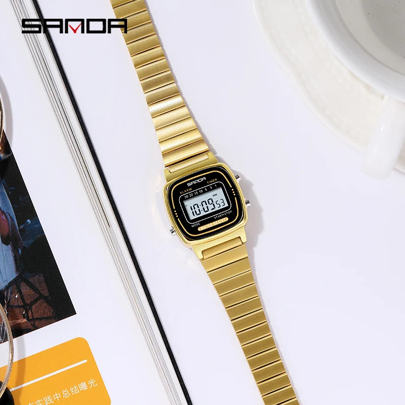Damen Armbanduhr Armband Retro Digital Uhr Luxus Quarz Gold Quarzuhr LED-Anzeige