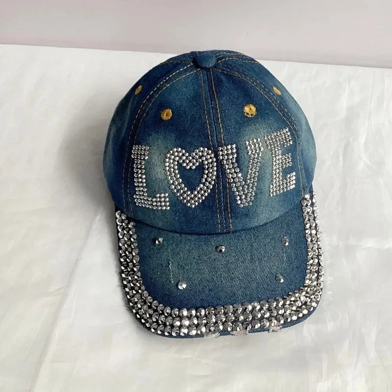 Jeans Basecap Cappy Denim Look Cap Kappe LOVE Strass gebogen Herren Damen