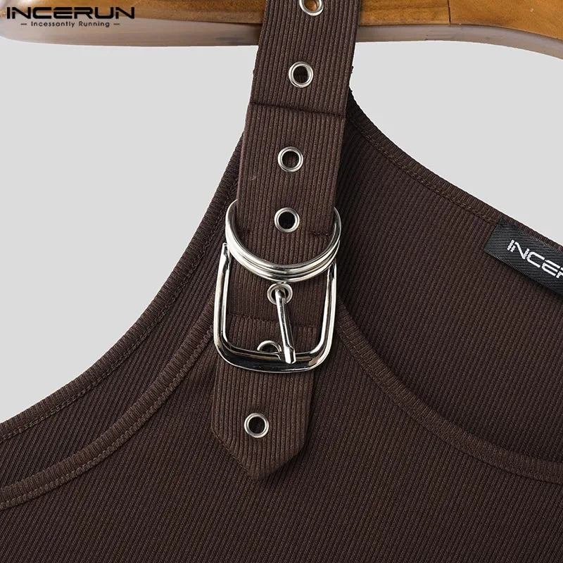 INCERUN Tops Amerikanischen Stil, Mode, Neue Männer Dekonstruktion Design Metall Schnalle Mesh Westen Casual Streetwear Männlich Solide Tank Tops