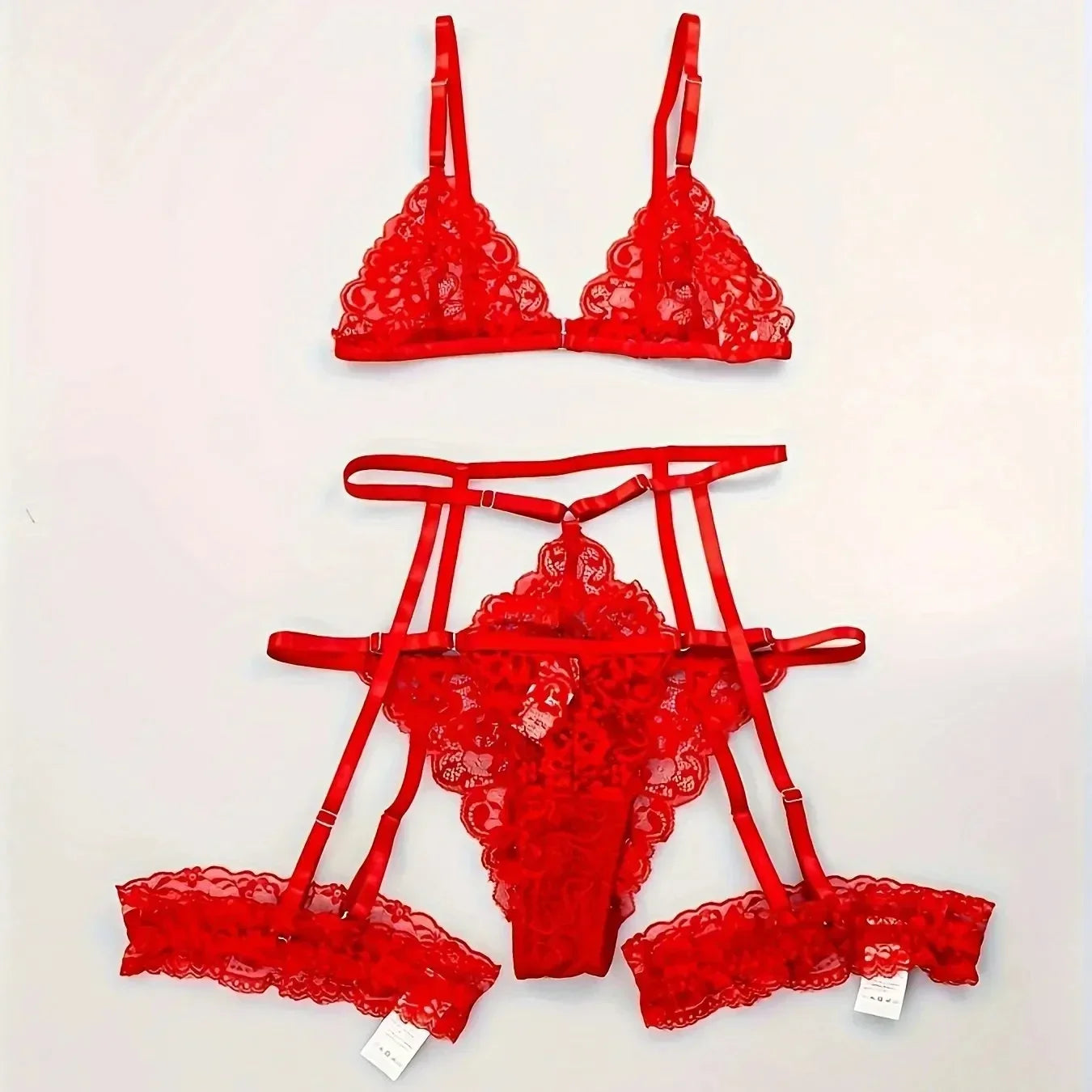 3 Stk BH Set Damen Sexy Spitze Dessous Bodysuit Body Unterwäsche Schwarz Tanga