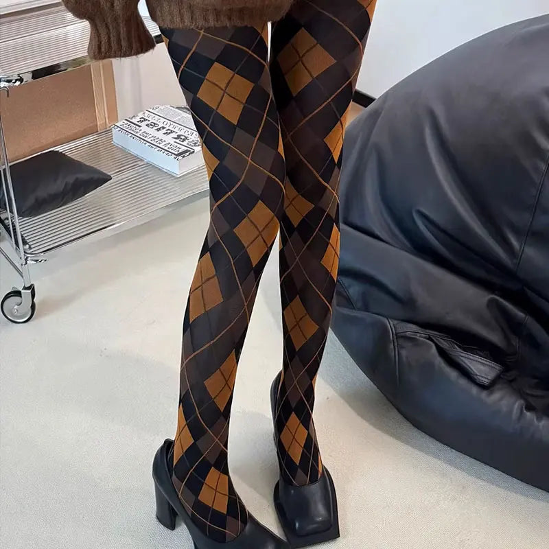 Damen Strumpfhose Karo Strümpfe Oberschenkelhoch Retro JK Style Sexy Dessous