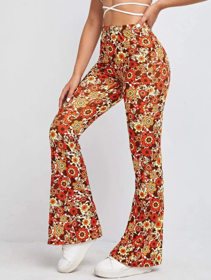 Damen Yoga Hose Bootcut Hüftjeans Schlaghose Flared Leggins Flower Power Retro