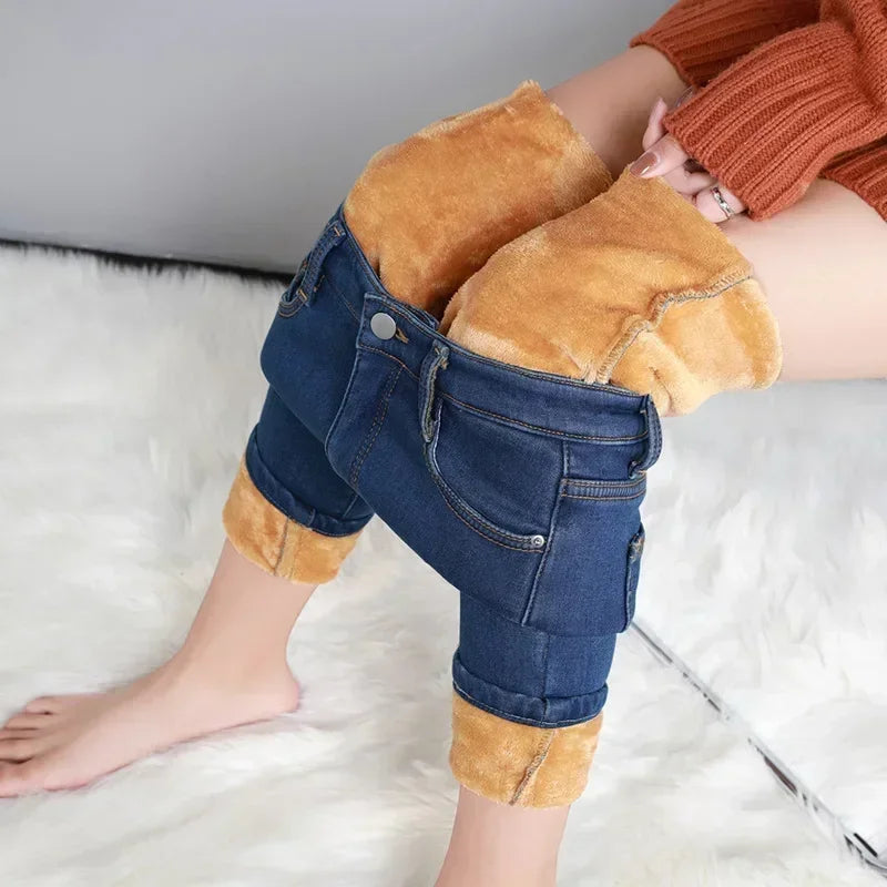 Damen Winter Warm Thermo Jeans Hose Innenfleece Stretch Hosen Leggins Denim