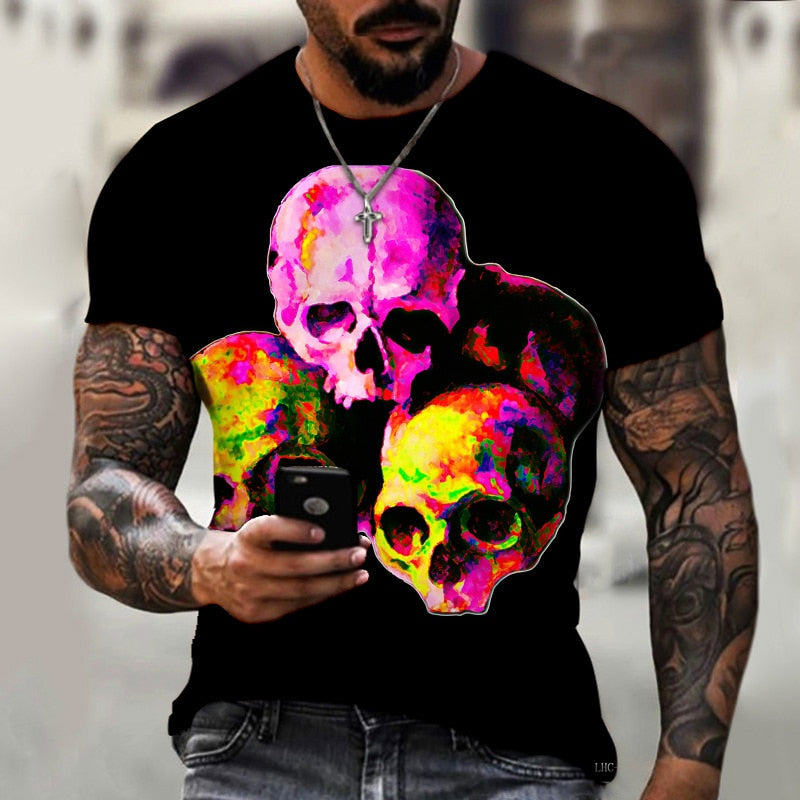 Fashion Herren Horror Skull 3D T-Shirt Rundhals Unisex Sommer Streetwear