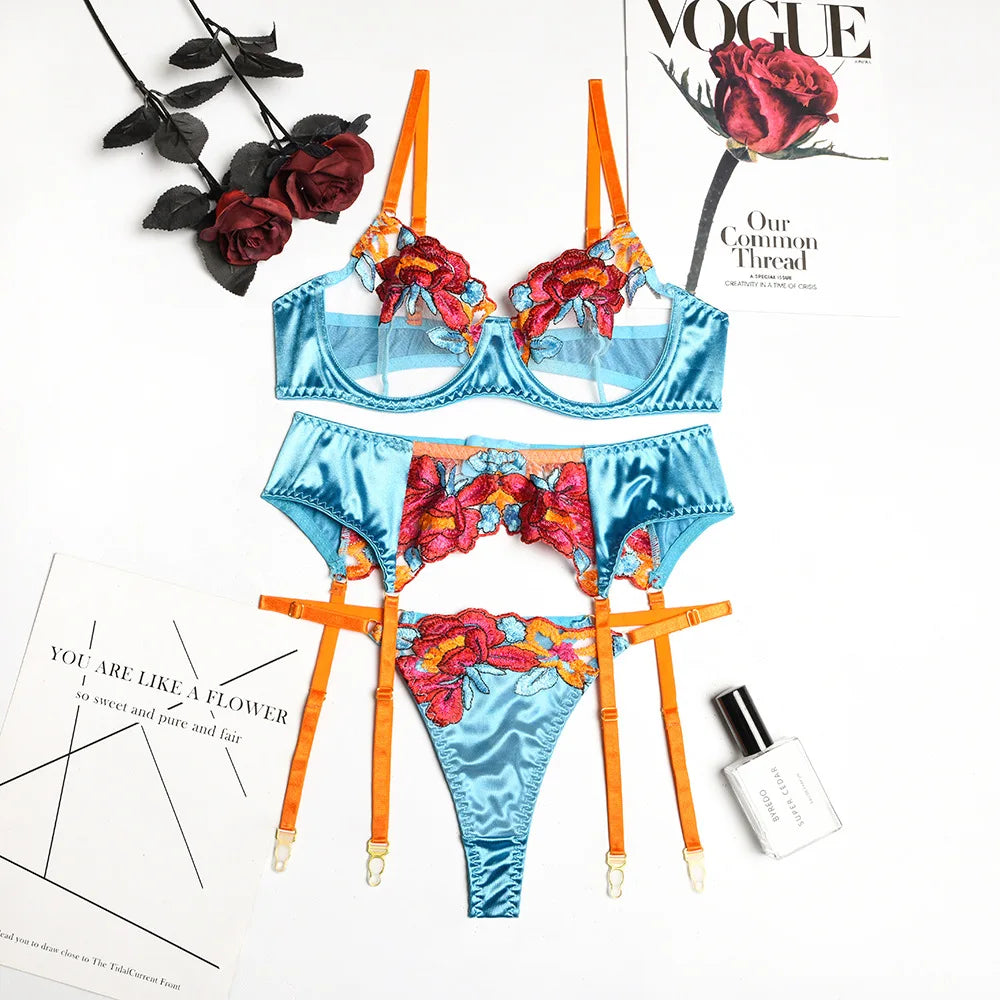 3Tlg BH Set Damen Strapsen Dessous Strumpfgürtel Unterwäsche Strumpfhalter