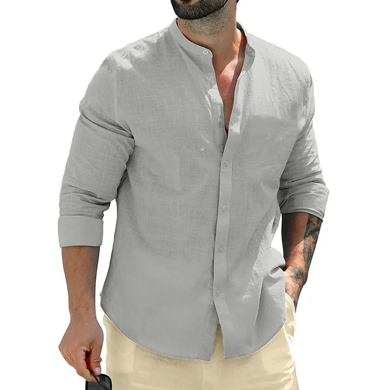 Herren Poloshirt Leinenhemd Langarm T-Shirt Leinen Hemd Polohemd Freizeithemd