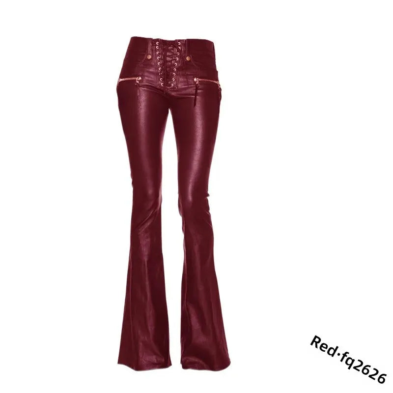 Sexy Damen Fashion Gothic Punk Hose PU Lederhose Reißverschluss Schlaghosen