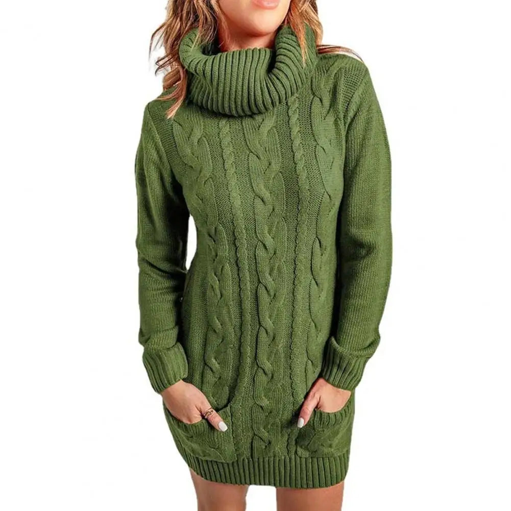 Damen Wollkleid Rollkragen Herbstkleid Winterkleid Strickkleid Longpullover